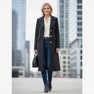 Banana‎ Republic Womens Single-Breasted Wool Twill Military Black Coat Small